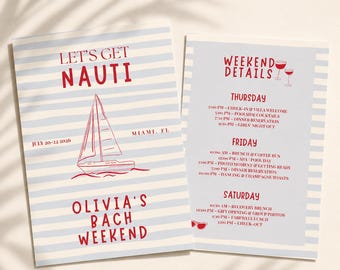 Nautical Bachelorette Invitation & Itinerary Bundle | Editable Canva Bach Weekend Invite | Let’s Get Nauti Party Template