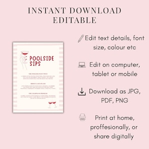 Puede incluir: Una plantilla de men&uacute; digital editable titulada POOLSIDE SIPS con un borde de rayas rosa claro. Incluye ilustraciones de una mano sosteniendo una copa de c&oacute;ctel y dos copas brindando. El texto incluye instrucciones para editar y descargar el archivo.