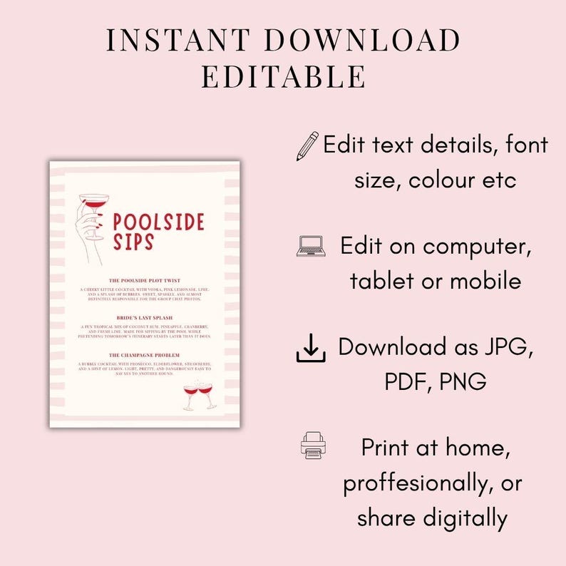 Puede incluir: Una plantilla de men&uacute; digital editable titulada POOLSIDE SIPS con un borde de rayas rosa claro. Incluye ilustraciones de una mano sosteniendo una copa de c&oacute;ctel y dos copas brindando. El texto incluye instrucciones para editar y descargar el archivo.