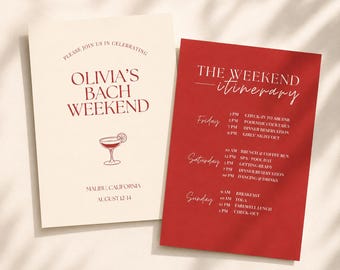 Malibu Bachelorette Invitation & Itinerary Template, Editable Canva Bach Weekend Invite, Red 5x7 Bachelorette Party Set