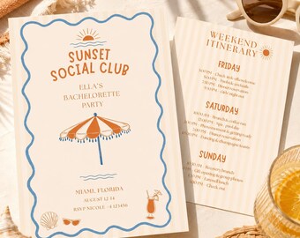 Sunset Social Club Bachelorette Invitation Template, Miami Beach Bach Weekend Invite, Summer Hens Party, Editable Canva Itinerary Set
