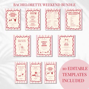 Op de afbeelding: Een set van tien bewerkbare sjablonen voor een vrijgezellenweekend met een crèmekleurige achtergrond, rode golvende randen en rode tekst. De kaarten bevatten titels zoals Sophia's Bachelorette Weekend, Weekend Details, Rachelorette Games, Don't Forget Your Bikini, Recovery Brunch, Let's Drink, Thank You en Hangover Kit.