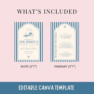Pu&ograve; includere: Due cartoncini rettangolari da 5"x7" con strisce verticali blu e bianche. Il cartoncino a sinistra riporta la scritta "Welcome to The Bride's Pool Club" con l'icona di una sdraio. Quello a destra &egrave; intitolato "Weekend Details" con un programma dettagliato.