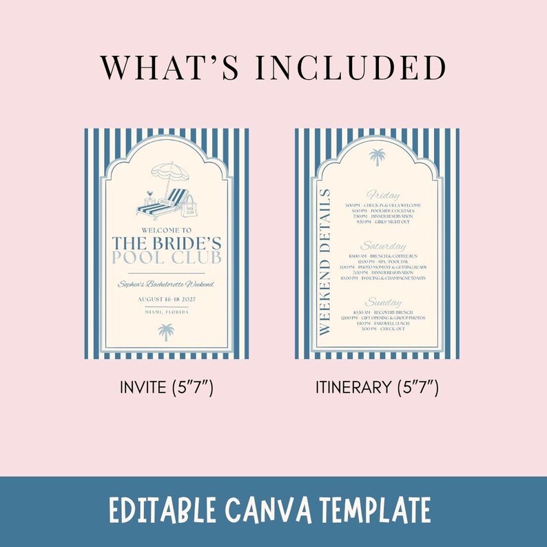 Pu&ograve; includere: Due cartoncini rettangolari da 5"x7" con strisce verticali blu e bianche. Il cartoncino a sinistra riporta la scritta "Welcome to The Bride's Pool Club" con l'icona di una sdraio. Quello a destra &egrave; intitolato "Weekend Details" con un programma dettagliato.