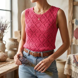 Könnte beinhalten: Ein ärmelloses, fuchsiafarbenes Häkeltop mit detailliertem Lochmuster. Das Top wird mit einer blauen Jeans und einem braunen geflochtenen Gürtel kombiniert. Die Person hält ein Lavendel-Bündel.