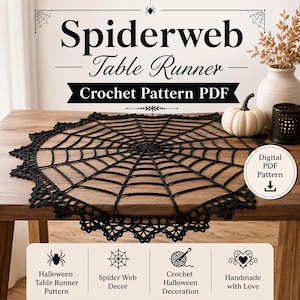 Peut inclure: Un chemin de table en crochet noir avec un motif de toile d'araignée et un bord festonné. Le texte sur l'image indique Spiderweb Table Runner Crochet Pattern PDF, Digital PDF Pattern, Halloween Table Runner Pattern, Spider Web Decor, Crochet Halloween Decoration, et Handmade with Love.