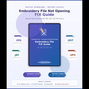 Op de afbeelding: Een digitale gids getiteld Embroidery File Not Opening FIX Guide, met stapsgewijze oplossingen voor PES-, DST- en JEF-bestandsfouten. Het document bevat een PDF-gids van meer dan 30 pagina's, instructies voor beginners en oplossingen voor software en drivers.