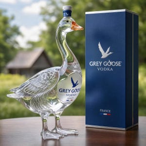 May include: A clear glass bottle shaped like a goose, featuring an orange beak and a blue cap. The bottle displays a label reading GREY GOOSE VODKA FRANCE. Beside it stands a tall, rectangular dark blue box with the GREY GOOSE VODKA logo and text.