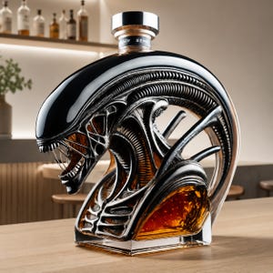 エイリアン・ゼノモーフ・ウイスキーデカンタ、SFバーの装飾に最適な彫刻が施されたヘッド付き大容量ガラスボトル