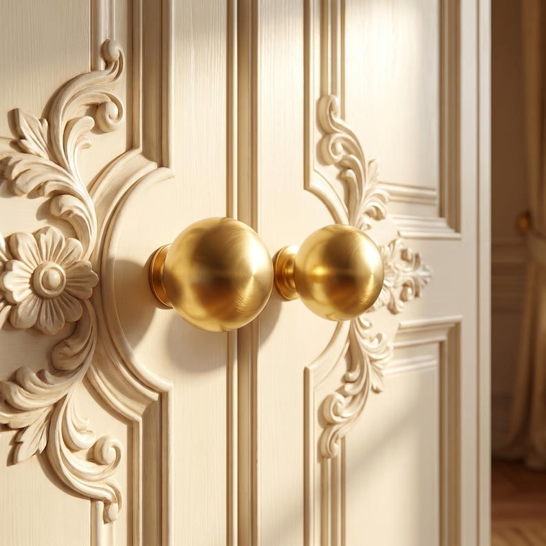 Puede incluir: Dos pomos de puerta esf&eacute;ricos de oro cepillado montados en un par de puertas dobles de color blanco roto. Las puertas presentan intrincados patrones florales y de volutas tallados en relieve alrededor de cada pomo, creando un aspecto texturizado.
