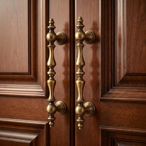 May include: Two vertical door handles made of antique brass with a polished finish. Each handle features a central spindle design with rounded decorative knobs at the top and bottom, mounted onto a dark brown wooden door with recessed panels.