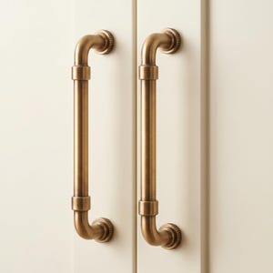 May include: Two vertical cabinet pulls with a brushed brass finish. Each handle features a cylindrical bar design with two horizontal rings along the shaft and circular mounting plates at the top and bottom ends, attached to a flat white surface.