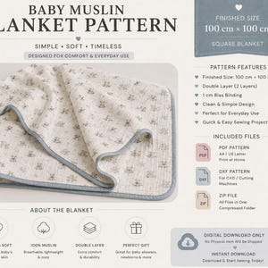 May include: A digital sewing pattern for a baby muslin blanket featuring a cream-colored fabric with a small teddy bear print and a light blue border. The finished size is 100 cm by 100 cm. Includes PDF, DXF, and ZIP files for home printing.
