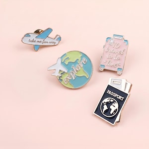 Travel Enamel Pin Set, Airplane Brooch, Passport Badge, Adventure Jewelry, Wanderlust Gift, World Explorer Accessory for Travelers