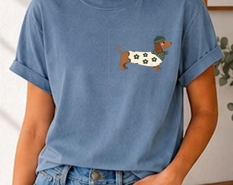 Dachshund Mom Shirt, Sausage Dog Embroidery Tee, Cute Puppy Graphic Shirt, Dog Lover Gift, Trendy Minimalist T-Shirt