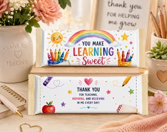 Teacher Appreciation Chocolate Wrapper Printable | You Make Learning Sweet | Candy Bar Wrapper PDF | Thank You Teacher Gift Instant Download