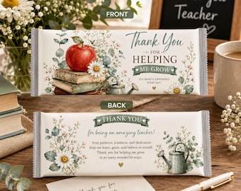 Envoltorio de chocolate imprimible para agradecer a los maestros / Envoltorio de barra de chocolate "Gracias por ayudarme a crecer" / Regalo para maestros en PDF (descarga instantánea)