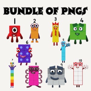 May include: A digital graphic titled BUNDLE OF PNGS featuring ten colourful block-shaped characters numbered one through ten. Each character is composed of square segments in distinct colours including red, orange, yellow, green, blue, purple, pink, grey, and white.
