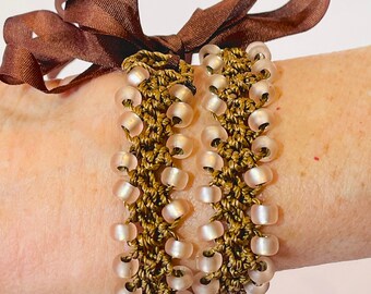 Hand Made Bead Crochet Wrap Bracelet/Choker/Peach Seed Beads/Sepia Macrame Cord/BC-1