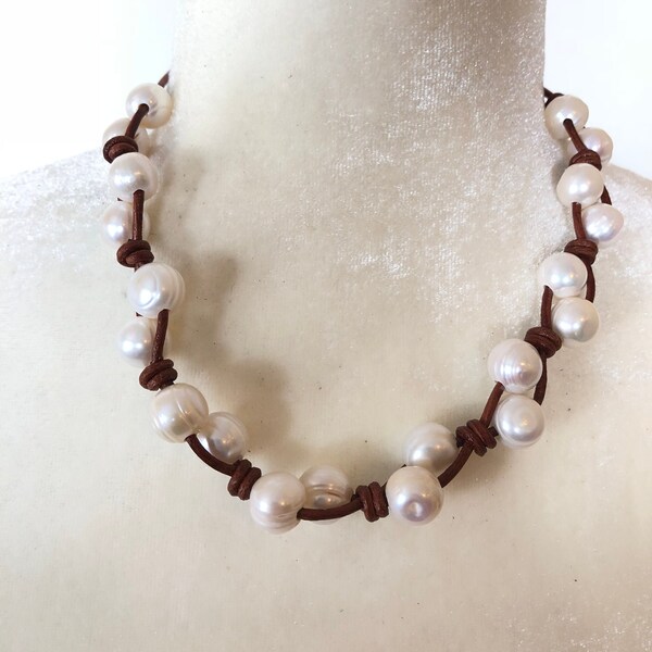 Hand Knotted White Freshwater Pearl Necklace On Leather LP-11