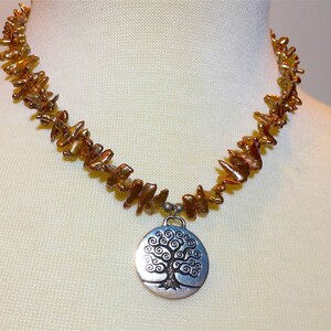 Handmade Champagne Biwa Pearl Necklace With Silver Plated Tree Of Life Pendant -BP-01t
