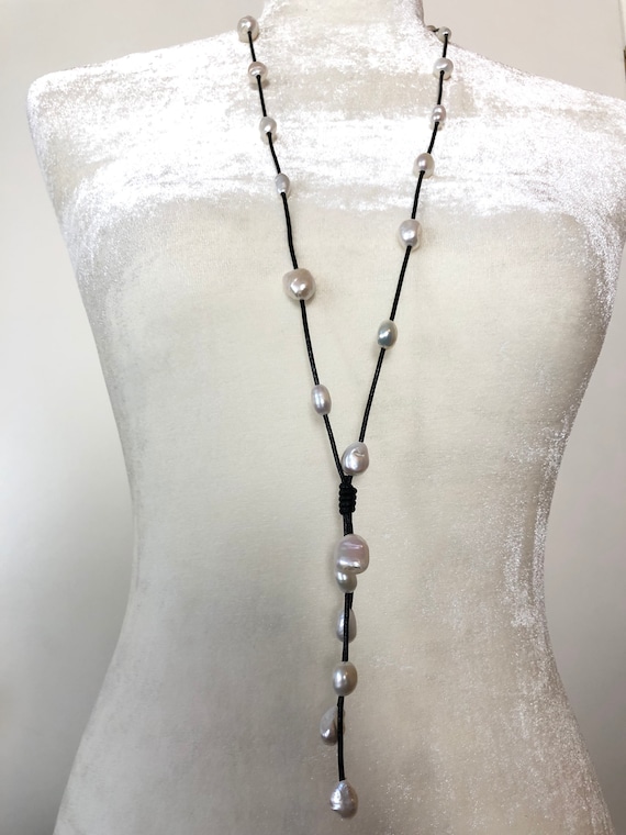 Hand Made 3 Way Convertible Baroque White Pearl & Leather Necklace 