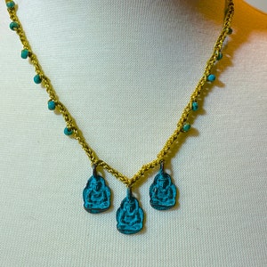 Handmade Boho Bead Crochet,, 3 Buddha Verdigris Bronze Necklace On Tan Cord