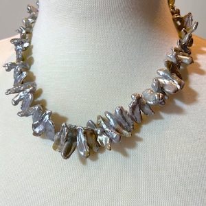 Handmade Silver Gray Biwa Stick Pearl Necklace/ Toggle Clasp//Biwa Pearl Bracelet/Wrap Pearl Bracelet/BP-05