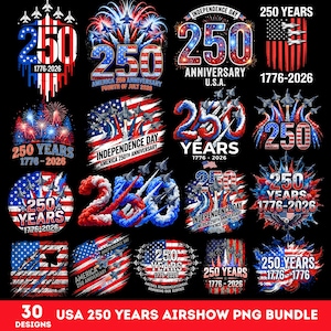 Puede incluir: Una colección de 30 diseños que celebran el 250 aniversario de EE. UU., con imágenes patrióticas. Los diseños incluyen el número "250" con fuegos artificiales, aviones y elementos de la bandera estadounidense. El texto incluye "Independence Day" y "250 Years 1776-2026".