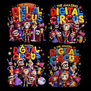 以下が含まれることがあります： 「The Amazing Digital Circus」のキャラクターを4つの異なる配置で描いたグラフィックデザイン。各セクションには、道化師、ウサギ、歯の生えた生き物など、カラフルな3Dレンダリングされたキャストが番組タイトルと共に表示されています。