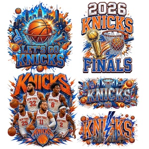Peut inclure: Une collection de six designs graphiques représentant l'équipe de basket-ball des New York Knicks. Les images incluent des ballons, des paniers, un trophée, la ligne d'horizon de New York et des joueurs avec le texte Let's Go Knicks et 2026 Finals.