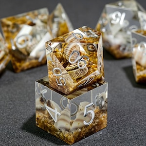 Seashell Beach Resin Dice Set, Amber Ocean Inclusions, Sharp Edge DnD RPG Dice