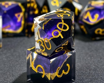 Amethyst Geode Resin Dice Set, Purple Black Polyhedral RPG Dice, Gold Numbers