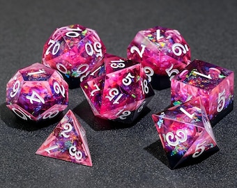 Roze holografische handgemaakte hars scherpe rand DND dobbelstenen set voor DnD, D&D, Dungeons and Dragons, RPG-dobbelstenen
