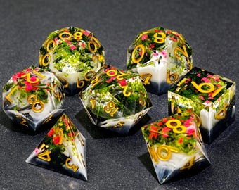 Enchanted Garden-hars DnD-dobbelstenenset, bloemenmos polyedrische RPG-dobbelstenen, gouden cijfers fantasiedobbelstenen