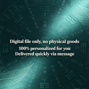 Puede incluir: Un gr&aacute;fico digital color verde azulado con un diagrama circular de caracteres chinos y trigramas. El texto dice: Digital file only, no physical goods. 100% personalized for you. Delivered quickly via message. Fondo con siluetas de hojas.