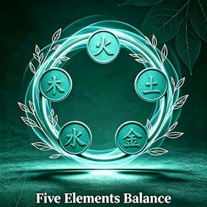May include: A circular graphic featuring five teal medallions arranged in a ring, each embossed with a Chinese character representing the elements of fire, earth, metal, water, and wood. The design is surrounded by glowing light and white leaf outlines.