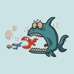 May include: An embroidery design featuring a large teal shark with wide eyes and an open mouth, chasing a smaller red fish, a blue fish, and a green fish. Several white circular bubbles are scattered around the fish on a light blue background.