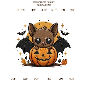 かわいいハロウィンのコウモリの刺繍デザイン、カボチャの中に座っている赤ちゃんコウモリ、不気味な季節のミシン刺繍ファイル、即時ダウンロード可能な秋の装飾パターン