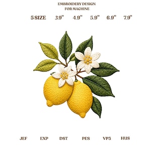Broderidesign med citronkvist, söta gula citroner med vita blommor och gröna blad, konst, lapp, present