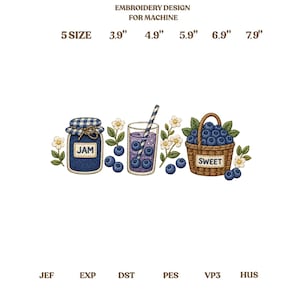 May include: Machine embroidery design featuring a blue gingham-topped jam jar labeled JAM, a glass of blueberry juice with a striped straw, and a brown woven basket labeled SWEET filled with blueberries, surrounded by white flowers and leaves.