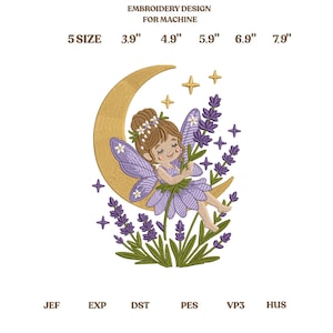 Lavender Fairy Embroidery Design, Cute Little Purple Flower Nymph on Crescent Moon Art, Patch, Gift