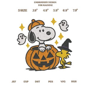 May include: Machine embroidery design featuring a white dog in an orange pumpkin, a yellow bird in a black witch hat, two white ghosts, and yellow stars. Text reads: EMBROIDERY DESIGN FOR MACHINE, 5 SIZE 3.9" 4.9" 5.9" 6.9" 7.9", JEF EXP DST PES VP3 HUS.