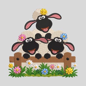 May include: An embroidery design featuring three black-faced sheep with cream-coloured wool peeking over a brown wooden fence. Each sheep has a small flower on its head. The scene includes green grass and colourful daisies at the base of the fence.