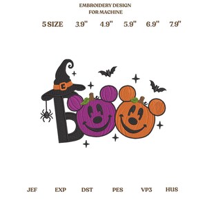 ミッキーパンプキンBOOミシン刺繍デザイン、魔女の帽子ハロウィン刺繍ファイル、不気味な季節のマウスイヤーパンプキンパターン即時ダウンロード