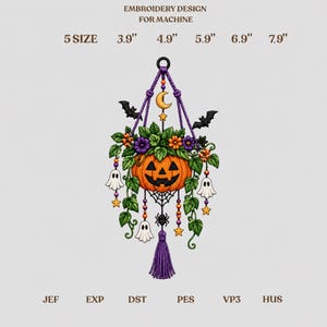 Disegno digitale per ricamo di un appendiabiti a forma di zucca di Halloween, modello per ricamo a macchina di un pipistrello fantasma in macramè con motivi floreali, download in formato PES DST
