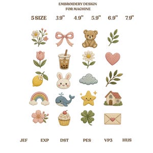 Cute Embroidery Icons Bundle, Kawaii Set with Bear Bow Flower and Animals Art, Patch, Gift