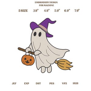 Embroidered Witch Ghost on Broomstick with Jack-O'-Lantern Patch - Spooky Halloween Iron On Patch