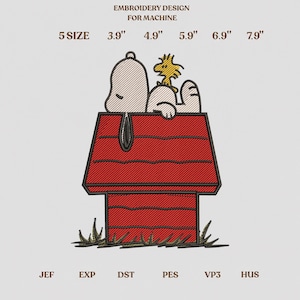 May include: Machine embroidery design featuring a white dog and a small yellow bird resting on a red doghouse. Text includes EMBROIDERY DESIGN FOR MACHINE, 5 SIZE, 3.9", 4.9", 5.9", 6.9", 7.9", and file formats JEF, EXP, DST, PES, VP3, HUS.