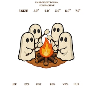 Diseño de bordado de fantasmas asando malvaviscos, lindo parche de Halloween con fogata, archivo de bordado digital, descarga instantánea